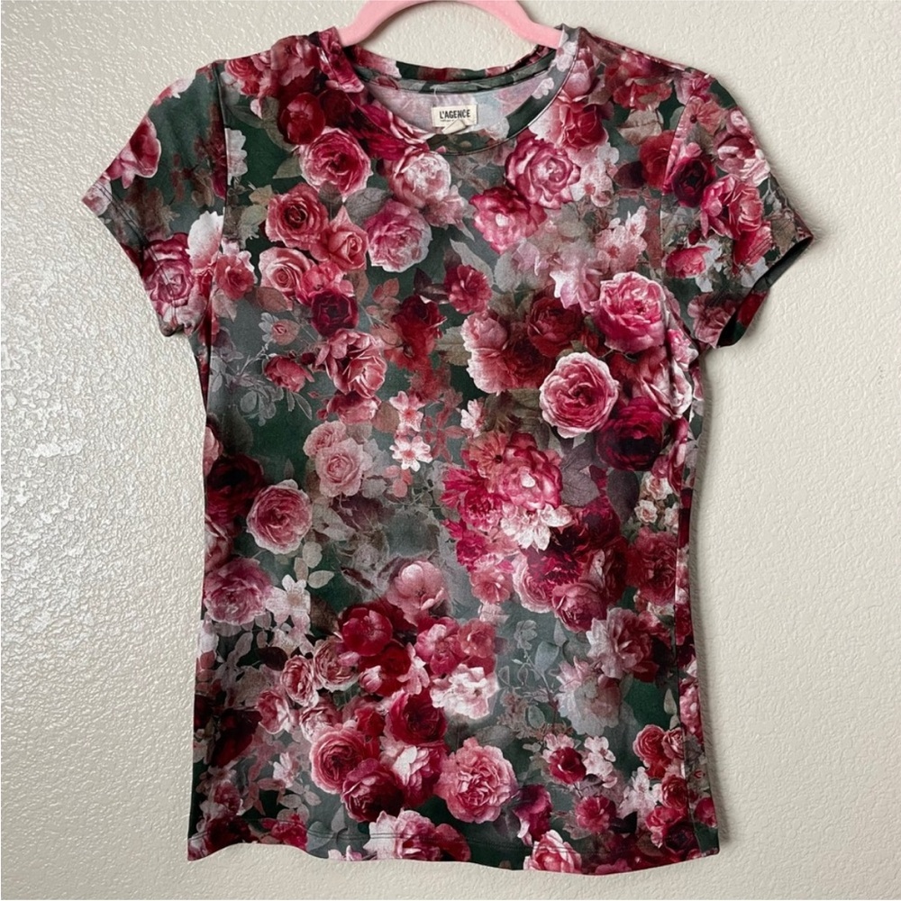 L'Agence Top Womens XS Red Green Ressi Vintage Floral Rose Print Crewneck Tee - Picture 2 of 3